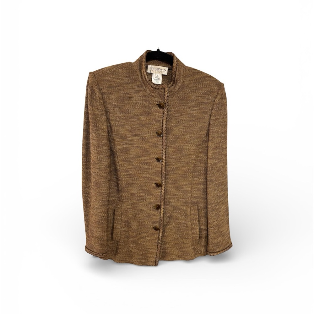 St. John Collection Brown and Tan Textured Blazer w Braided Trim Sz 12 GUC